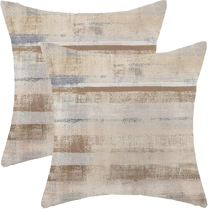 Boho Brown Grey Stripe Throw Pillow Covers 18x18 Inch Set of 2, Rustic Abstract Decorative Throw Pillow Covers Retro Stripe Linen Outdoor Cushion Cover for Sofa Couch Farmhouse Room Bed Decor