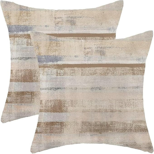Boho Brown Grey Stripe Throw Pillow Covers 18x18 Inch Set of 2, Rustic Abstract Decorative Throw Pillow Covers Retro Stripe Linen Outdoor Cushion Cover for Sofa Couch Farmhouse Room Bed Decor