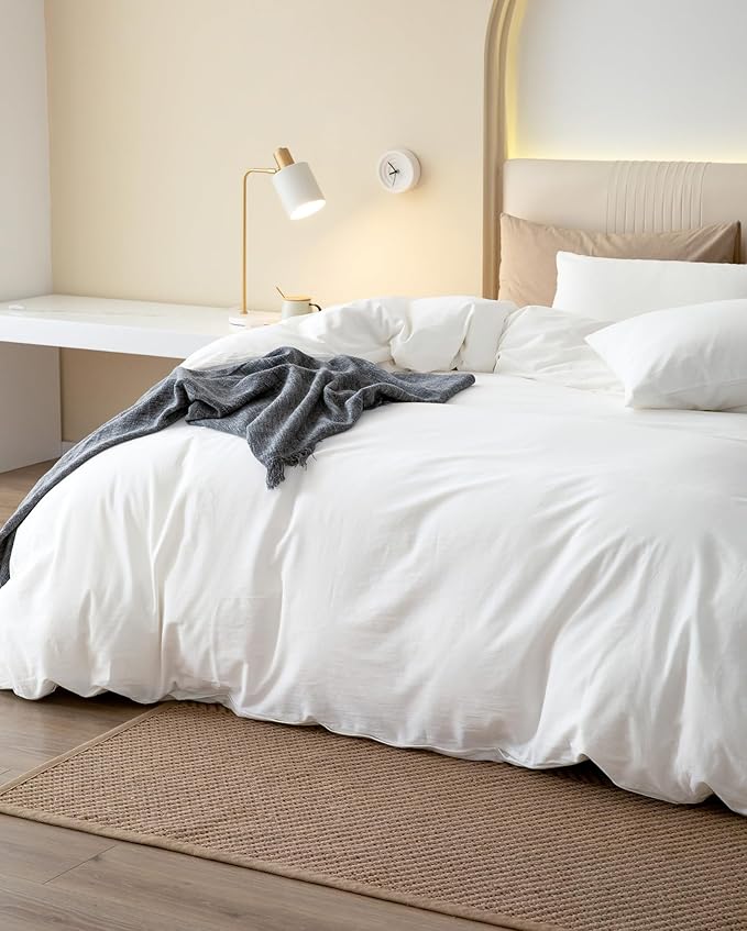 JIYUAN 100% Washed Cotton Duvet Cover Set 2 Pieces Twin, 1 Duvet Cover 68x90 Inches(Comforter Not Included) and 2 Pillowcases,Linen Feel Bedding Set Comfy and Breathable,Bright White