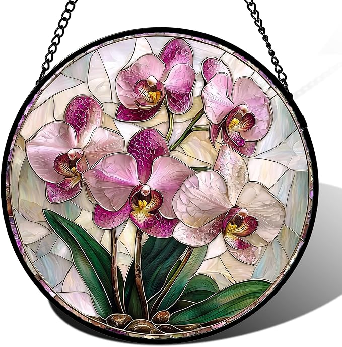 Stained Glass Window Hanging - Pink Purple Phalaenopsis Flowers Sun Catcher for Door Home Decor Plant Suncatcher Christmas Mother's Day Birthday Gifts for Women Men Mom Nana 7.8 in