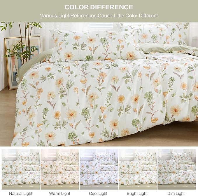 SAPHREAS Floral Duvet Cover Set Full Size 3pcs Yellow Flower Green Botanical Bedding Comforter Cover Set 100% Cotton 1 Duvet Cover 90"x80" 2 Pillow Shams, Comforter Not Included