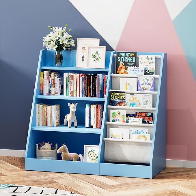 Blue 4 Tier Kids Wooden Bookshelf,Five Layer Sling Bookcase,Baby Storage Book Rack,Child Book and Toy Organizer Cabinet Chest,Toddler Book Display Playroom Kids Room Bedroom Classroom Nursery Library