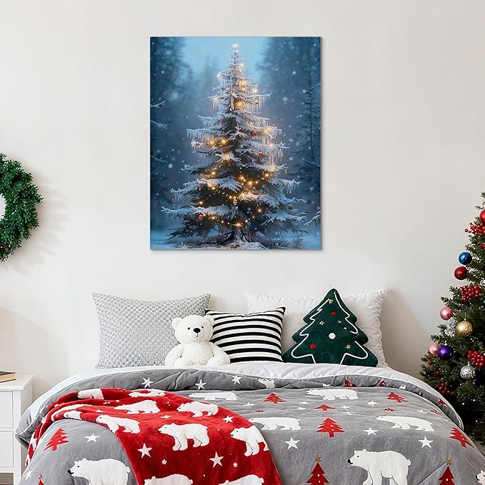 Framed Christmas Pictures Wall Decor,Vintage Pine Tree Prints,Winter Christmas Canvas Wall Art Decoration for Bedroom Bathroom Living Room Rustic Xmas Holiday Gifts (Christmas Tree 15, 12'' X 16'')