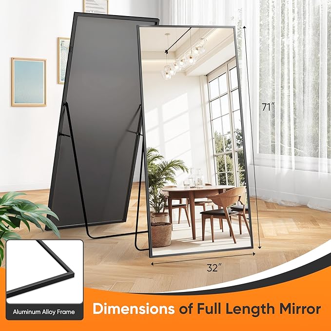 Suidia Full Length Mirror, 71"x32" Floor Standing Mirror Freestanding, Full Body Mirrors with Stand for Bedroom, Hanging Mounted for Living Room Cloakroom, Black, Rectangular Style