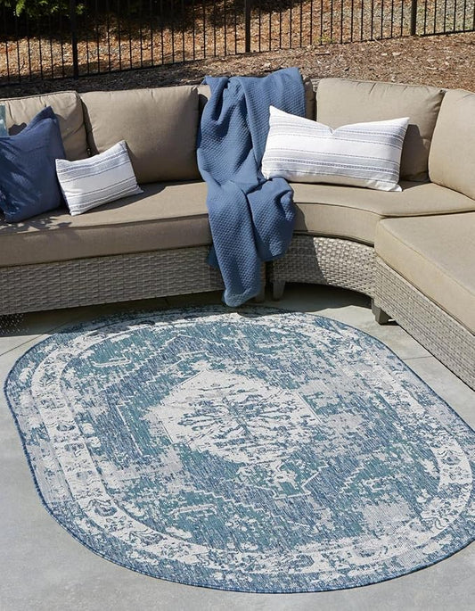 Unique Loom Outdoor Traditional Collection Area Rug - Valeria (3' 3" x 5' 3" Oval, Blue/ Ivory)
