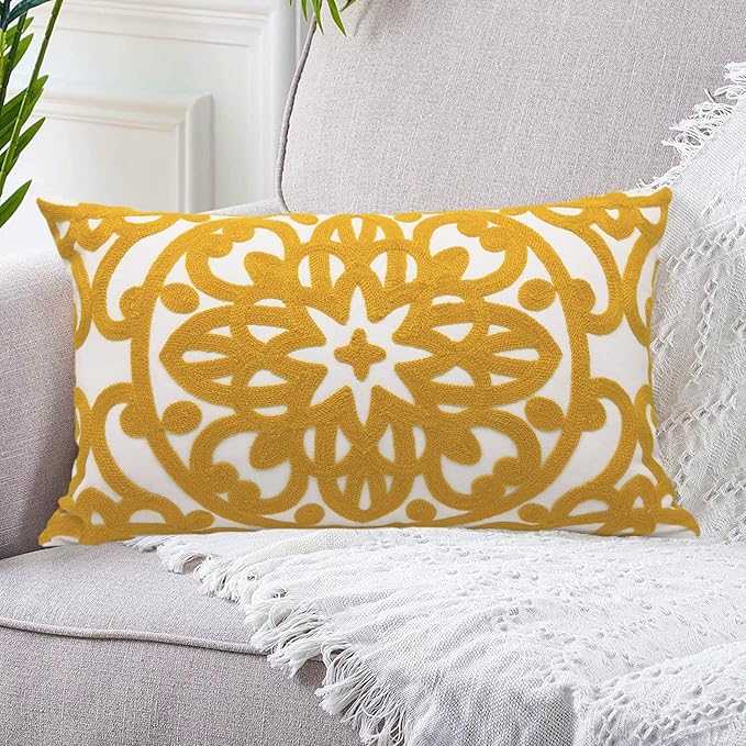 Alysheer Embroidered Lumbar Decorative Throw Pillow Cover 12"x 20", Classic Boho Mandala Embroidery Pattern Cotton Rectangular Cushion Case for Sofa Couch Living Room Bedroom(Mustard Yellow)