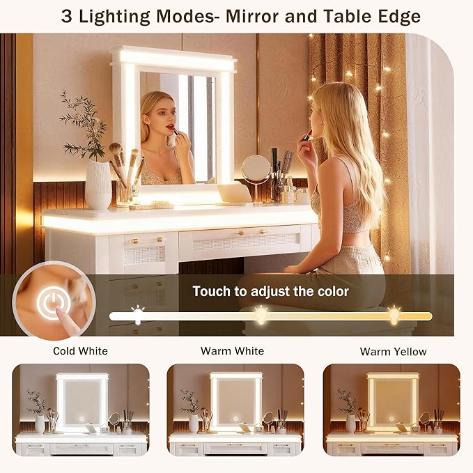 Merax 48" Vanity Desk with Mirror and Lights, Makeup Vanity with 7 Drawers and Cushioned Stool, Classic Finish Dressing Table with Hollow Design Drawer for Bedroom, Rubber Wood Legs, Light-Beige