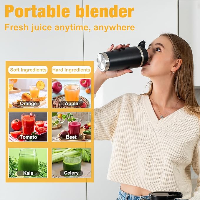 Portable Personal Blender 24oz Vacuum Cup Cordless Blender for 120 Watt Rechargeable Personal Size blender With Stainless Steel Bottle Ideal For-Shakes and Smoothies, BPA Free (White）