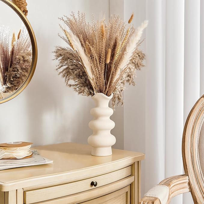 Modern Decorative White Ceramic Vases for Home Decor 8.3 Inch, Minimalist Boho Flower Aesthetic Cream Vase for Pampas Grass