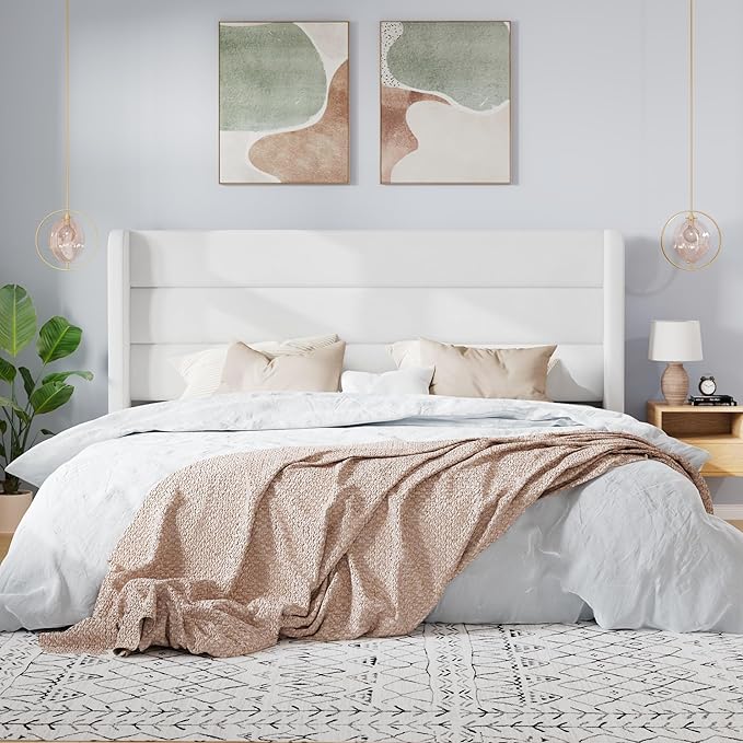 SHA CERLIN King Size Velvet Bed Frame/Vertical Channel Tufted Wingback Headboard/Upholstered Platform Bed with Wooden Slats/Mattress Foundation/No Box Spring Needed/Easy Assembly/White