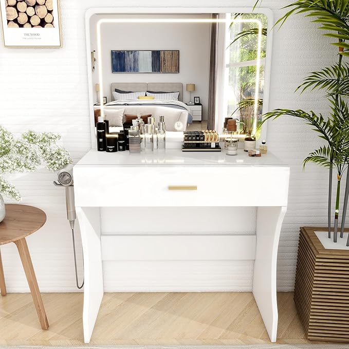 Vanity Desk, Makeup Vanity with LED Light Mirror, Small White Vanity with a Super Large Drawer and Power Outlet, 3 Color Lighting Modes Makeup Table for Bedroom, Dressing Room
