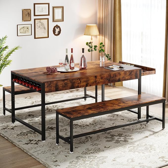 Loomie 63" Dining Table Set for 4-6, 3-Piece Kitchen Table with 2 Utensil Drawers, 2 Benches & Wine Rack, Modern Space Saving & Heavy Duty Dinner Table Set with Metal Frame & MDF Board,Rustic Brown
