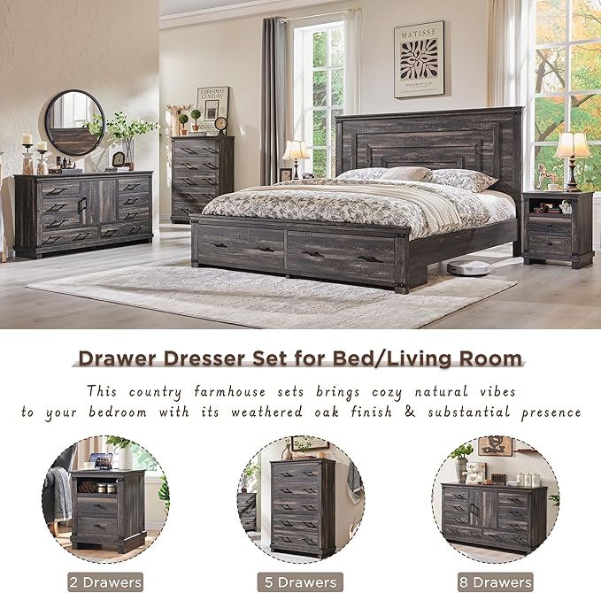 RedLemon Farmhouse 7 Drawer Dresser for Bedroom - Wood Large Dressers & Chests of Drawers for Closet, 54 Inch Long Dresser with Storage for Bedroom, Living Room, Dark Rustic Oak