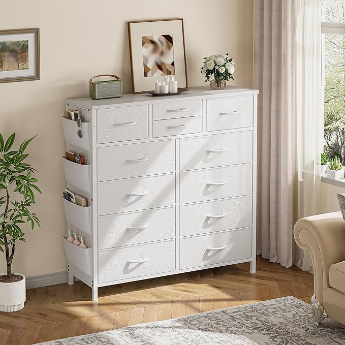 EnHomee Dresser for Bedroom with 12 Drawers, Tall Dressers & Chest of Drawers with Side Pockets, Fabric Dresser for Bedroom, Closet, Hallway, Living Room, Sturdy Metal Frame, Wood Top, White