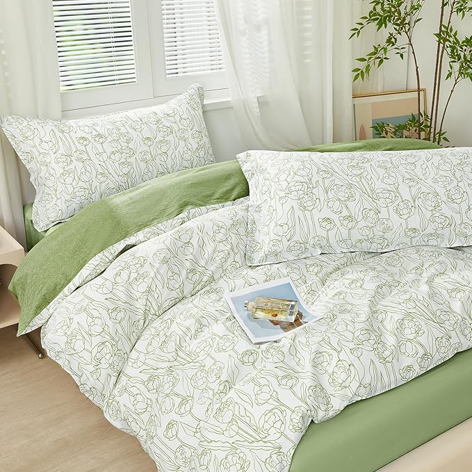 SAPHREAS Sage Green Floral Duvet Cover Set Queen Size 3pcs Blossom White Botanical Bedding Comforter Cover Set 100% Cotton 1 Duvet Cover 90"x90" 2 Pillow Shams, Comforter Not Included