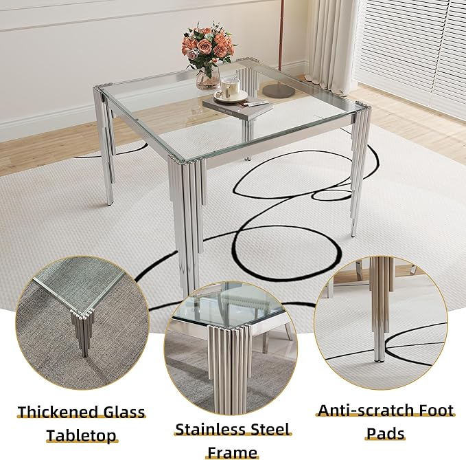 5 Piece Glass Dining Table Set, Morden Kitchen Table Set for 4 with 35" Clear Glass Dining Table and 4 White Velvet Upholstered Chairs for Kitchen, Silver Legs