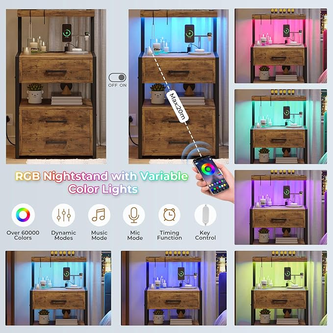 VIAGDO Led Nightstand with Charging Station, 3 Drawers Night Stands with Led Lights, Rustic Brown Bedside Tables with Storage Shelves, Modern End Side Tables for Bedroom, Office