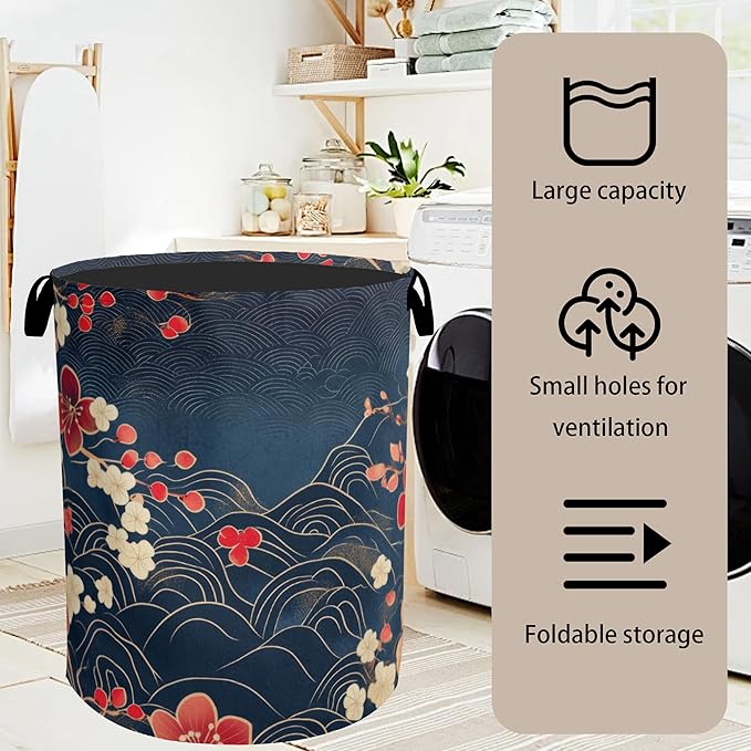 Japanese Wave Cherry Blossom Large Clothes Hamper Bag - Laundry Basket with Handles, Space Saving Foldable Design for Nursery