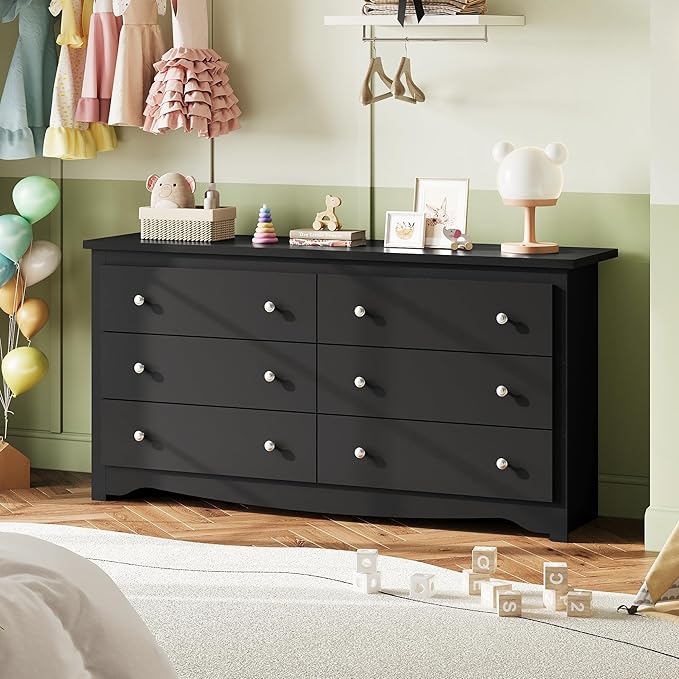 WLIVE Black Dresser with 6 Drawer, 59" Wide Chest of Drawers for Bedroom, Wood Long Nightstand with Drawers, Modern Large Storage Tower Unit, Closet Store Organizer for Living Room