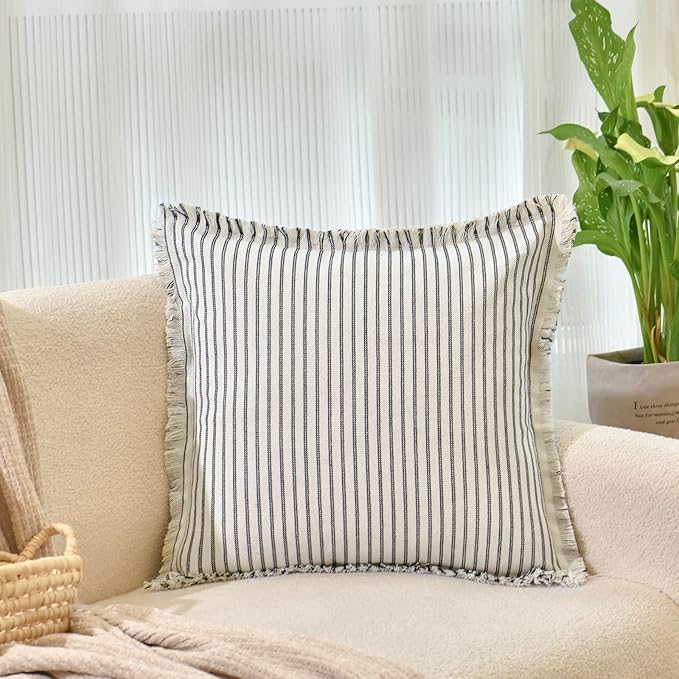 ZWJD Throw Pillow Covers 16x16 Set of 2 Striped Pillow Covers with Fringe Chic Cotton Decorative Pillows Square Cushion Covers for Sofa Couch Bed Living Room Farmhouse Decor