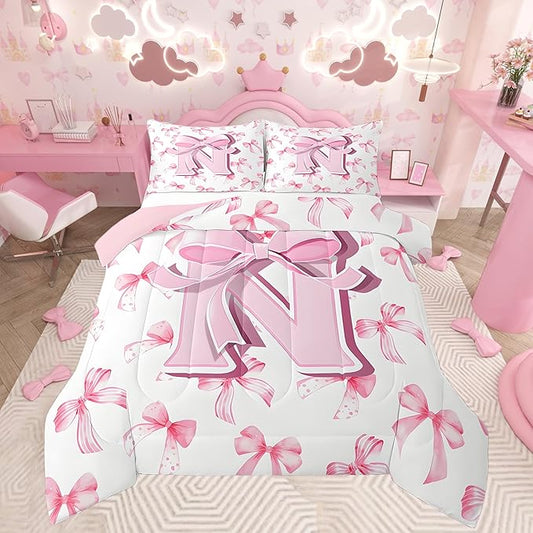 jejeloiu Kids Girls Cute Pink Bow Comforter Set Twin Size Monogrammed Bedding Set Ultra Soft Personalized Initial N Duvet Quilt Coquette Bow Knot Quilt Set Room Decor Modern Fashion Comforter