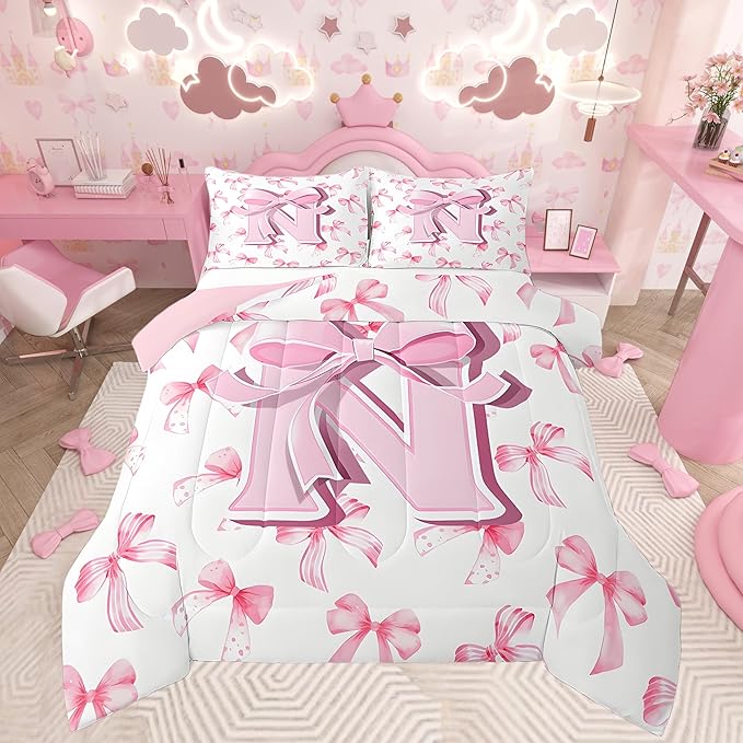 jejeloiu Kids Girls Cute Pink Bow Comforter Set Full Size Monogrammed Bedding Set Ultra Soft Personalized Initial N Duvet Quilt Coquette Bow Knot Quilt Set Room Decor Modern Fashion Comforter