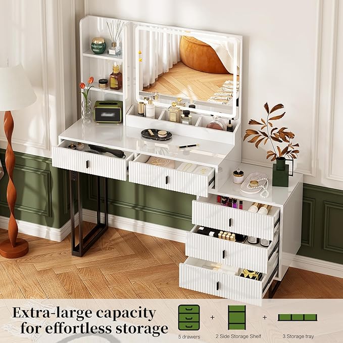 Large Vanity Desk with 3 Color Touch Screen Dimming Mirror, Vanity Desk with Charging Station, Modern Retractable Makeup Dressing Table, Makeup Table With storage shelves and 5 Sliding Drawers, White