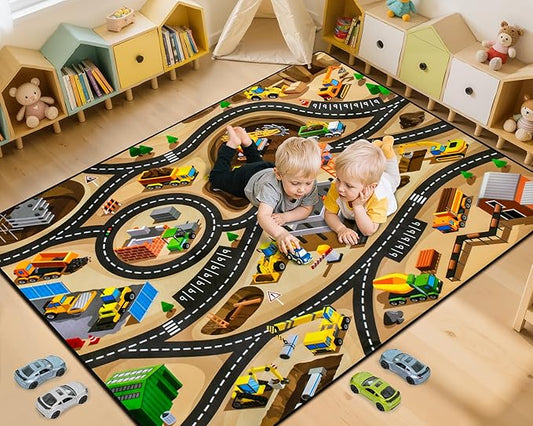Kids 5' x 7' FT Construction Site Car Rug - Extra Thick (0.4in),Tufted Wool & Rubber, Non-Slip, Stain & Fade Resistant, Machine Washable, Rustic Cartoon Construction Site Pattern