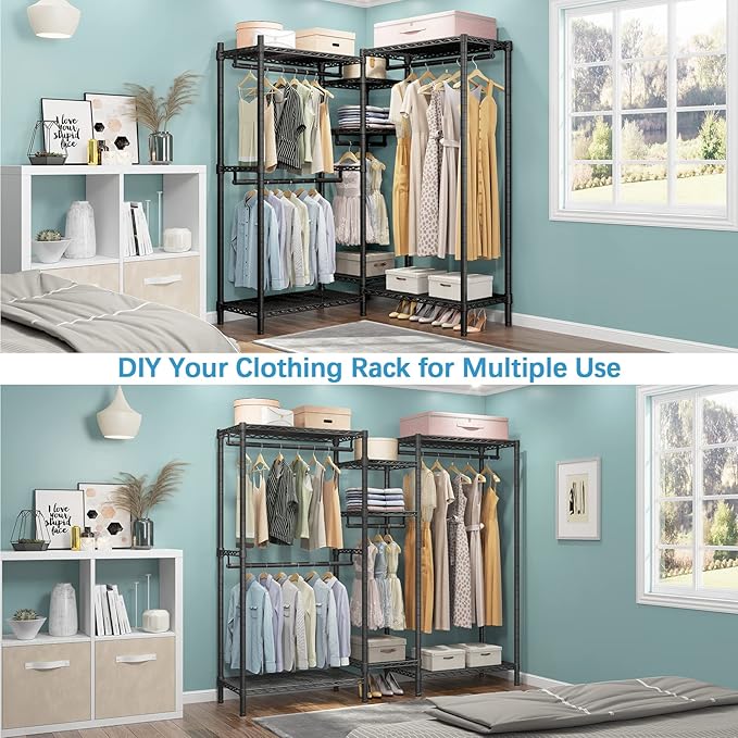 VIPEK L6 Garment Rack L Shaped Clothes Rack Heavy Duty Clothing Rack Metal Freestanding Closet with 7 Adjustable Shelves & 4 Hanging Rods 43.3"L x 43.3"W x 76.4"H, Max Load 750LBS, Medium Size, Black