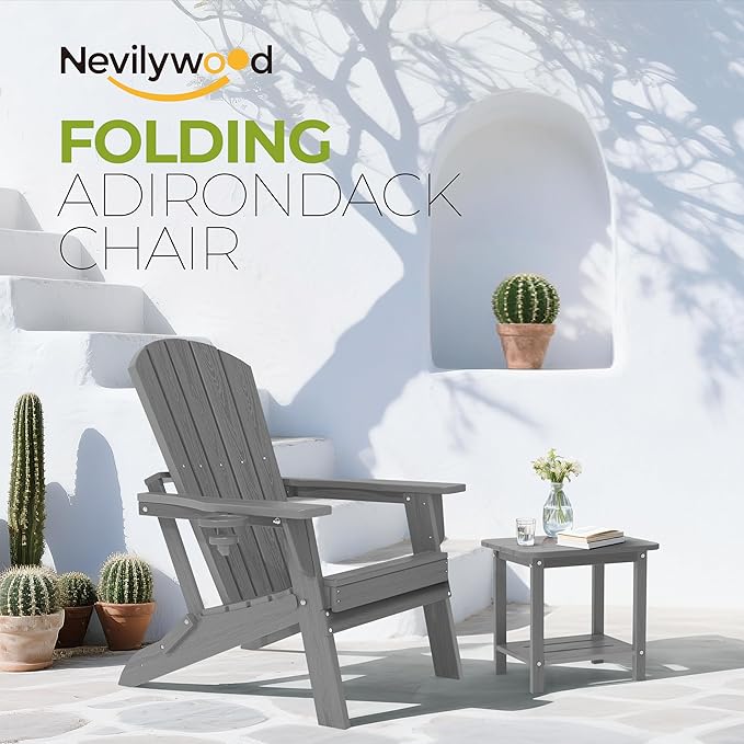 nevilywood Folding Adirondack Chair - Extended Ergonomic Backrest, Cup Holder - Easy Assembly - Durable HDPE Plastic, Weather Resistant & Maintenance-Free - Lawn, Patio, Deck Supports 380lbs,Grey