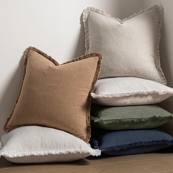 MIULEE Christmas Decorative Throw Pillow Covers Neutral Linen Fringe Throw Pillows Euro Shams Set of 2 Natural Beige Boho Farmhouse Cushion Covers for Couch Sofa Bed Living Room Home Decor 28x28 Inch