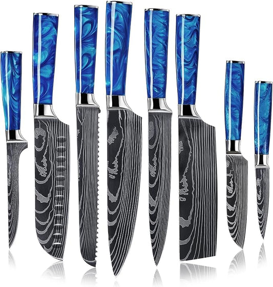 SENKEN 8-Piece Japanese Knife Set - Blue Resin Handle, Laser Damascus Blades - Chef's, Santoku, Bread & Paring Knives
