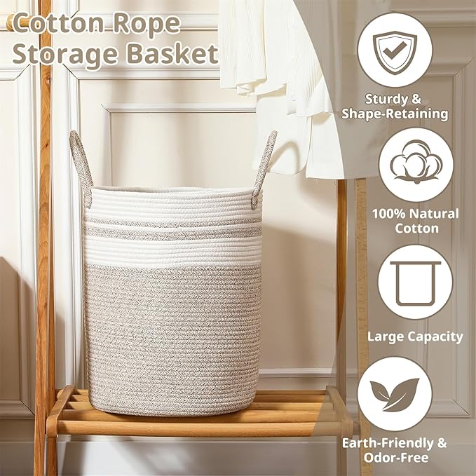 40L Woven Laundry Basket Hamper, 100% Natural Cotton Rope, Handwoven & Durable, Storage for Blankets, Toys, Clothes, Decorative Nursery Hamper for Living Room, Baby Room, Bedroom (Brown with White)