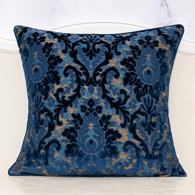 Alerfa Boho Blue Floral Throw Pillow Cover 20x20 Inch Cut Velvet Sqaure Luxury Embroidered Decorative Pillow Cover for Couch Living Room Bedroom
