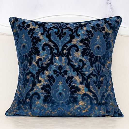 Alerfa Boho Blue Floral Throw Pillow Cover 20x20 Inch Cut Velvet Sqaure Luxury Embroidered Decorative Pillow Cover for Couch Living Room Bedroom