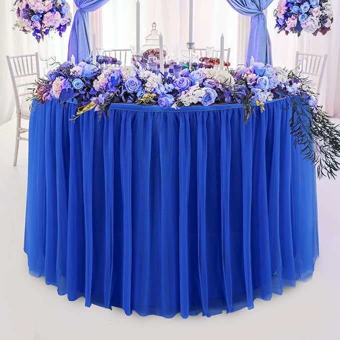Royal Blue Tulle Table Skirt for Rectangle Tables or Round Tables 14ft Tutu Table Cloth Cover for Baby Shower, Wedding Reception, Bridal Shower, Birthday Party, Graduation, Banquet Decorations