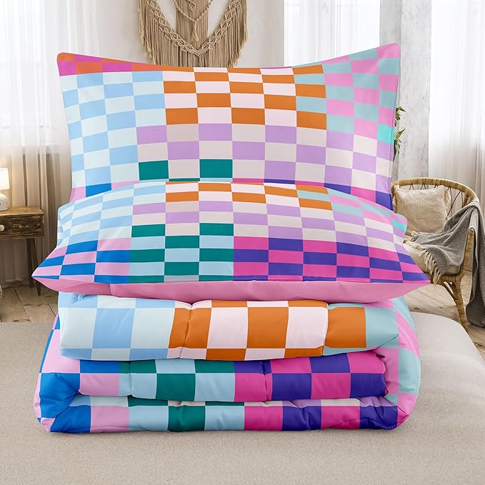 Tailor Shop Plaid Comforter Sets Full Bedding Set Women Men Checkerboard Grid Bedding Boys Girls Checkered Geometric Room Decor with 2 Pillowcases