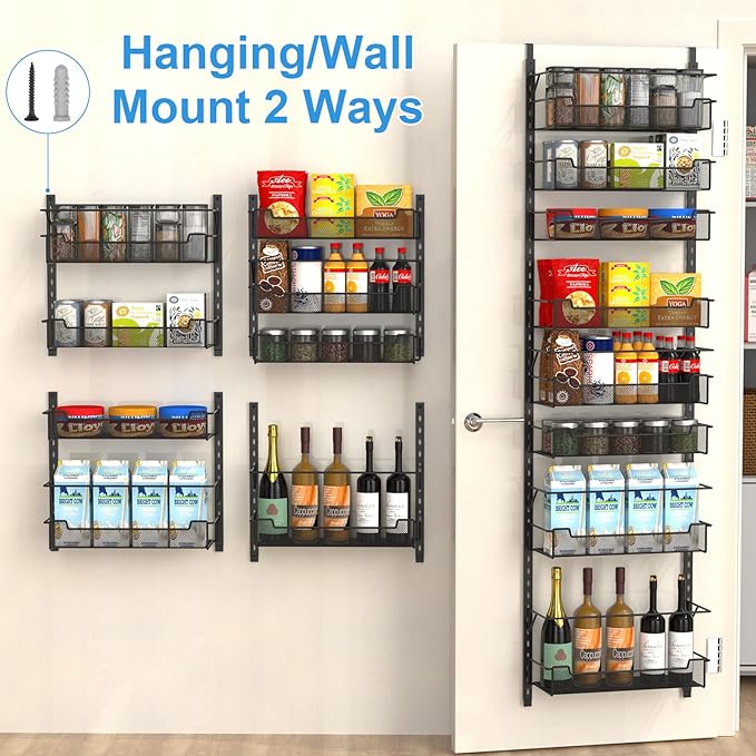 Over the Door Pantry Organizer, 8-Tier Over the Door Organizer with Adjustable Basket, Pantry Door Organization for Pantry Kitchen Storage Room Spice Rack, Black