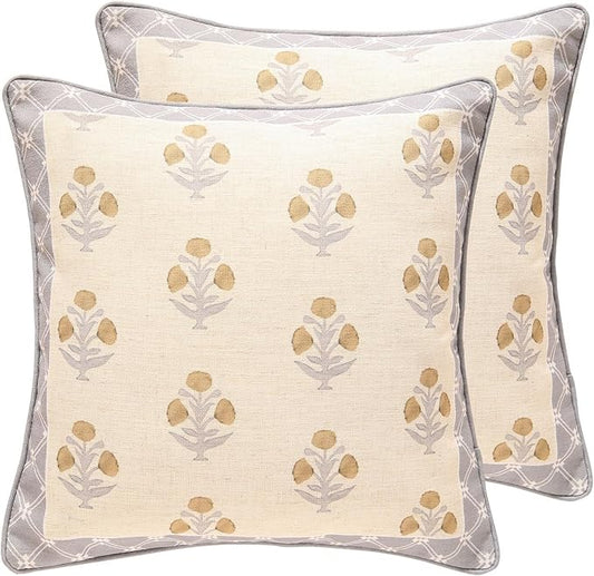 patdrea Designer Square Throw Pillow Covers Set of 2,Rustic Linen with Elegant Grey Blue Floral Pattern Pillows Cover,Decorative Pillowcases Cushion for Bed Living Room Outdoor Car,18 x18 Inches