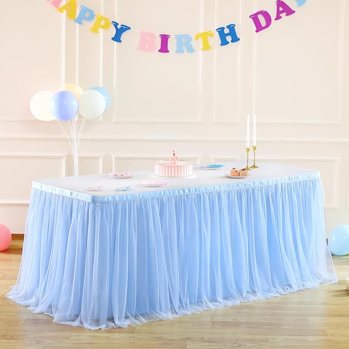 Baby Blue Tulle Table Skirts for Rectangle Tables or Round Tables 9ft Blue Tutu Table Cloth Cover for for Baby Shower Boy Birthday Party Baby Shark Gender Reveal Cake Table Decorations