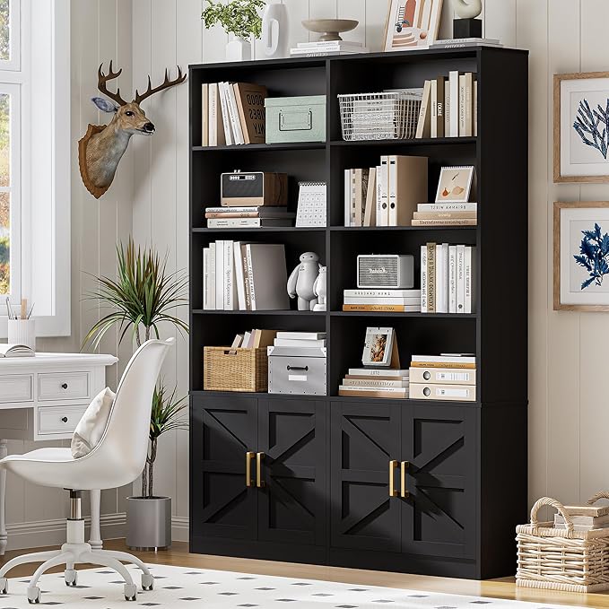 Black 6 Tier Bookshelf with Storage Set of 2, 71” Tall Farmhouse Bookcase with 8 Doors and Adjustable Shelves, Wooden Floor Standing Display Book Shelf Organizer for Home Office