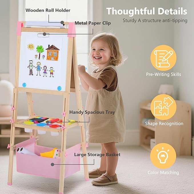 Kinder King Wooden Kids Easel, 3 in 1 Adjustable Art Easel for Kids, Double-Sided Magnetic Whiteboard & Chalkboard, Paper Roller, Art Supplies, Coloring Drawing Easel Toddler Gift Ages 3+, Pink