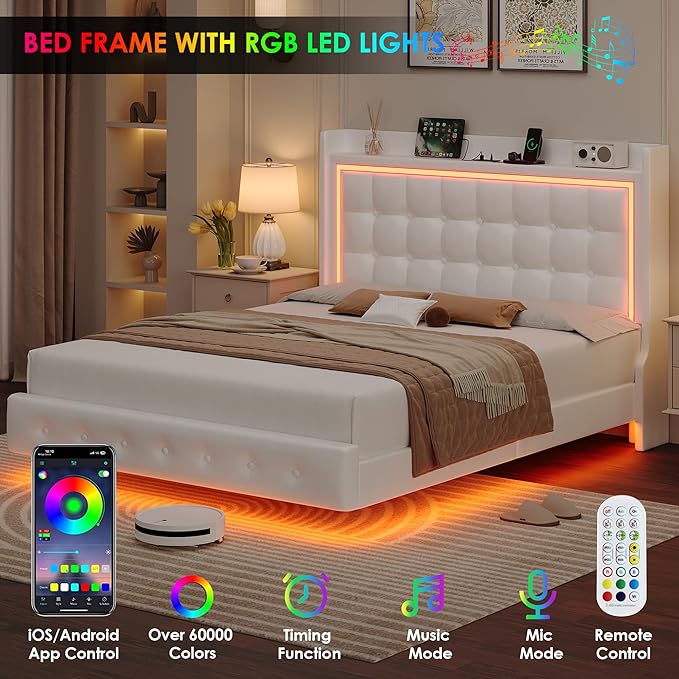 Keyluv Upholstered Queen Floating Bed Frame with LED Lights and Charging Station, Pu Leather Platform Bed with Button Tufted Storage Headboard, Type-C & USB Charging Ports, No Box Spring Needed, White