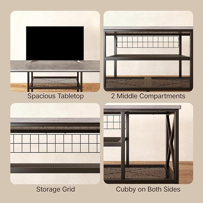 Gizoon TV Stand for 55-65 Inch TVs, 3-Tier Industrial Media Entertainment Center with Open Shelves, Metal Frame, 59.8'' Solid Wood Table top for Living Room, Bedroom, Office, Grey