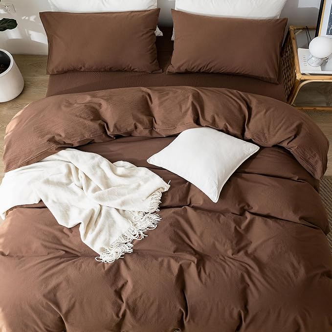 MooMee Bedding Duvet Cover Set 100% Washed Cotton Linen Like Textured Breathable Durable Soft Comfy (Solid Cocoa Brown, Queen 90"x90")