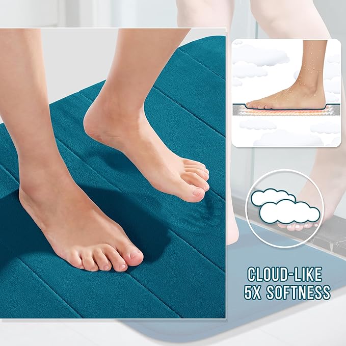 Yimobra Memory Foam Bath Mat, Super Soft Absorbent Bathroom Rug Non Slip 24x17 Inch, Quick Dry, Machine Washable Floor Carpet for Tub Shower, Home Decor Accessories, Peacock Blue