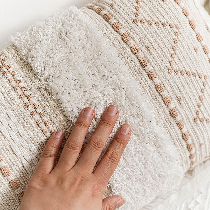 Decorative Throw Pillow Cover 20x20 Square Cream Neutral White Boho Accent Pillowcase Tassels Farmhouse Cushion for Couch Sofa Bedroom Living Room Home Décor (Cover ONLY, Pack of 1)