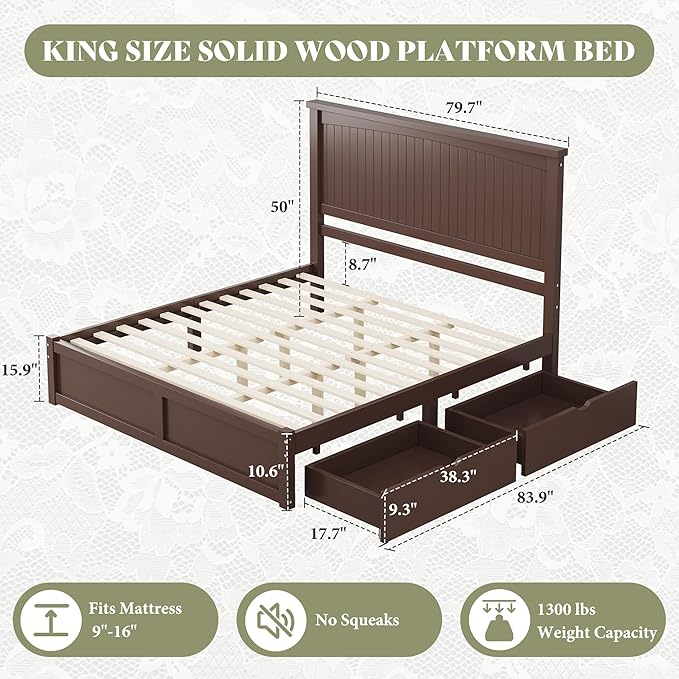 AMERLIFE King Size Solid Wood Bed Frame with 50" Tall Headboard, Mid-Century Modern Bed with Storage, Wooden Platform Bed with 2 Drawers, No Box Spring Needed, Espresso