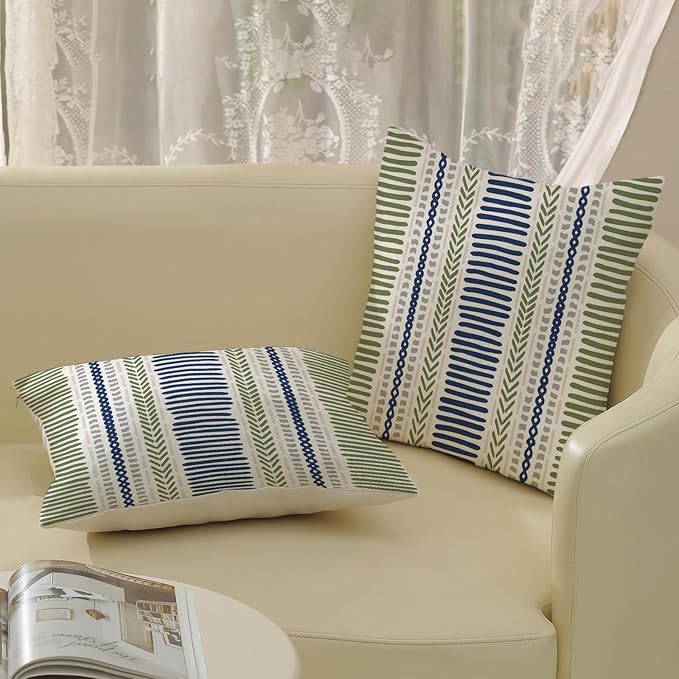 Boho Pillow Covers 18x18 Set of Blue Sage Green Stripes Throw Pillow Covers Outdoor Decoration, Abstract Modern Bohemian Farmhouse Linen Decorative Cushion Cover for Home Sofa Couch
