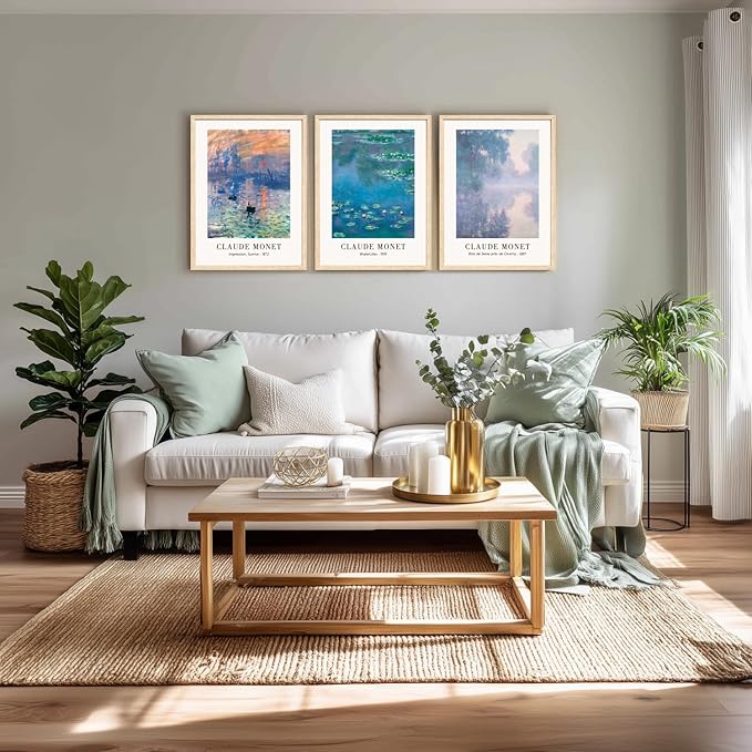 Cyebmo Vintage Botanical Wall Art Set of 3, Claude Monet Water Lilies Art Prints, Impression Sunrise Water Lilies Seine River Poster Prints for Living Room Bedroom Bathroom Wood Framed 12"x16"x3